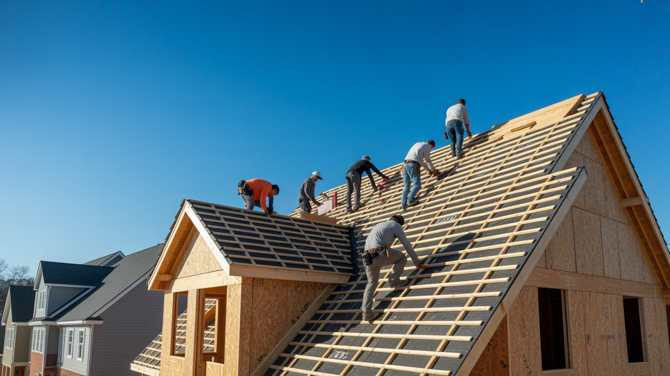 Crew installing new construction roof on Howell Township NJ home