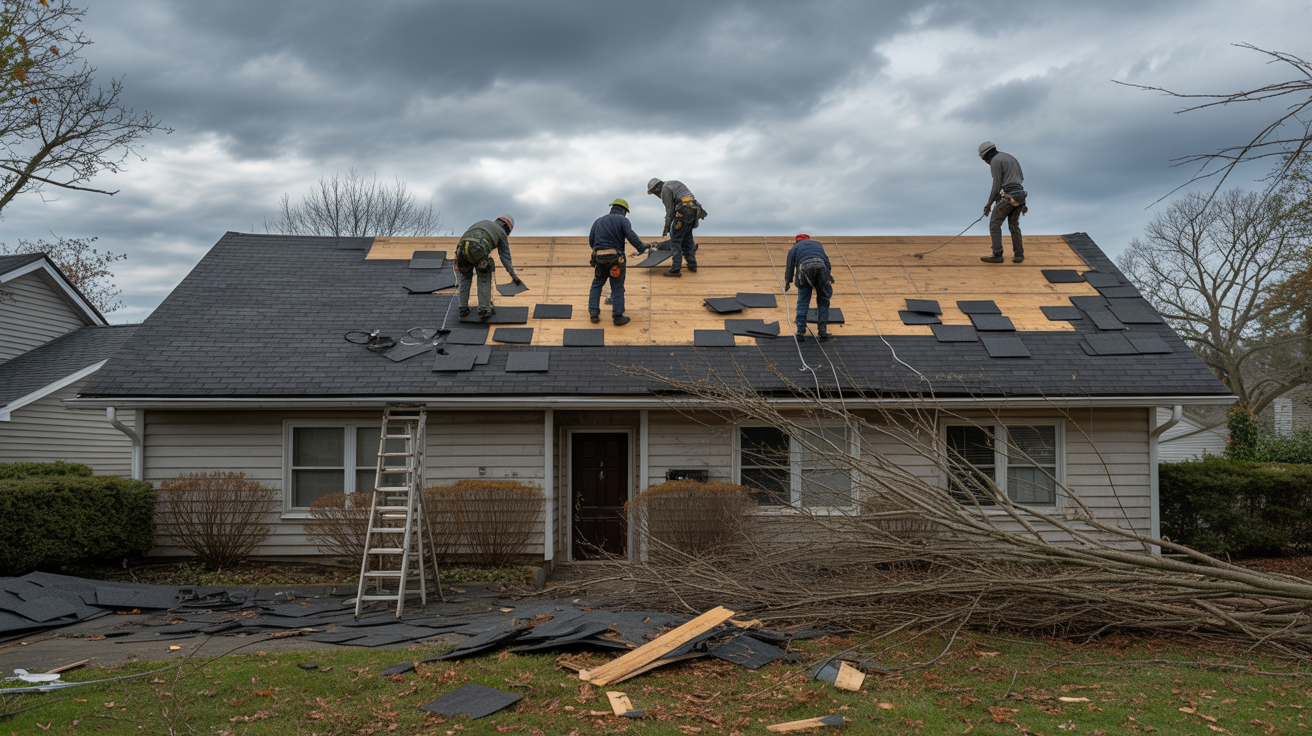 Storm damage roof repair crew working on Howell Township NJ home