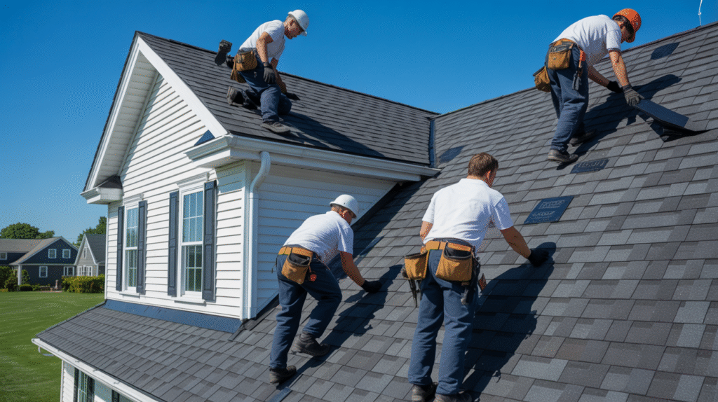 Roofing crew installing new asphalt shingles on a Howell Township NJ home — Keystone Roofing, Siding & Windows.