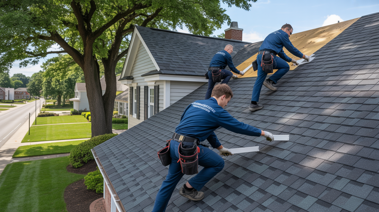 Roofing crew installing new asphalt shingles on a home in Howell Township NJ