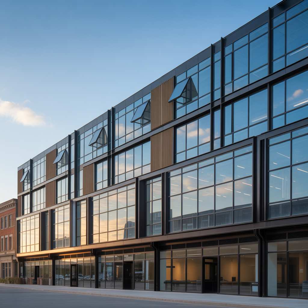 Commercial building with stylish windows improving curb appeal.