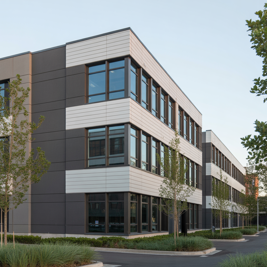 Modern commercial siding installed on an office building in New Jersey.