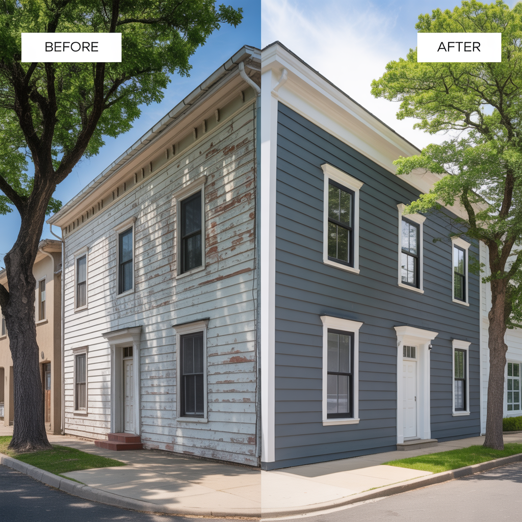 Commercial building exterior upgraded with new siding to improve property value.