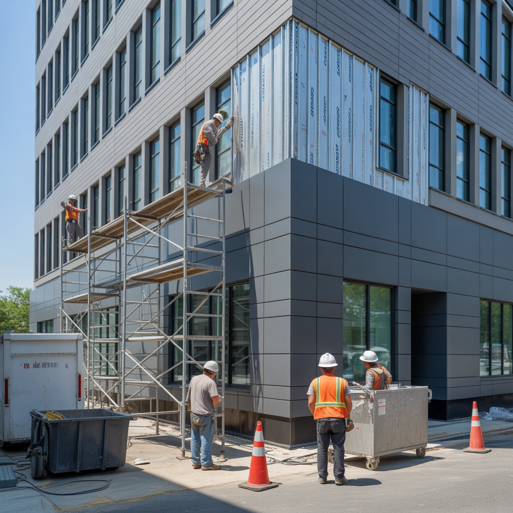 A commercial office building with contractors removing old siding and installing new panels. Clean, realistic NJ jobsite scene.