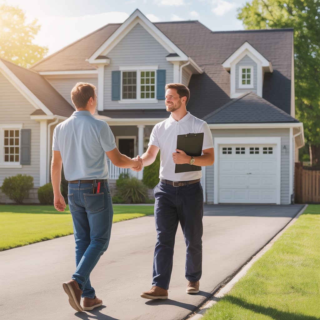 Roofer offering a free estimate to a homeowner in Howell Township.