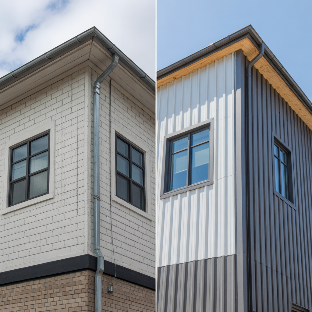 Comparison of fiber cement and metal siding on a commercial building.