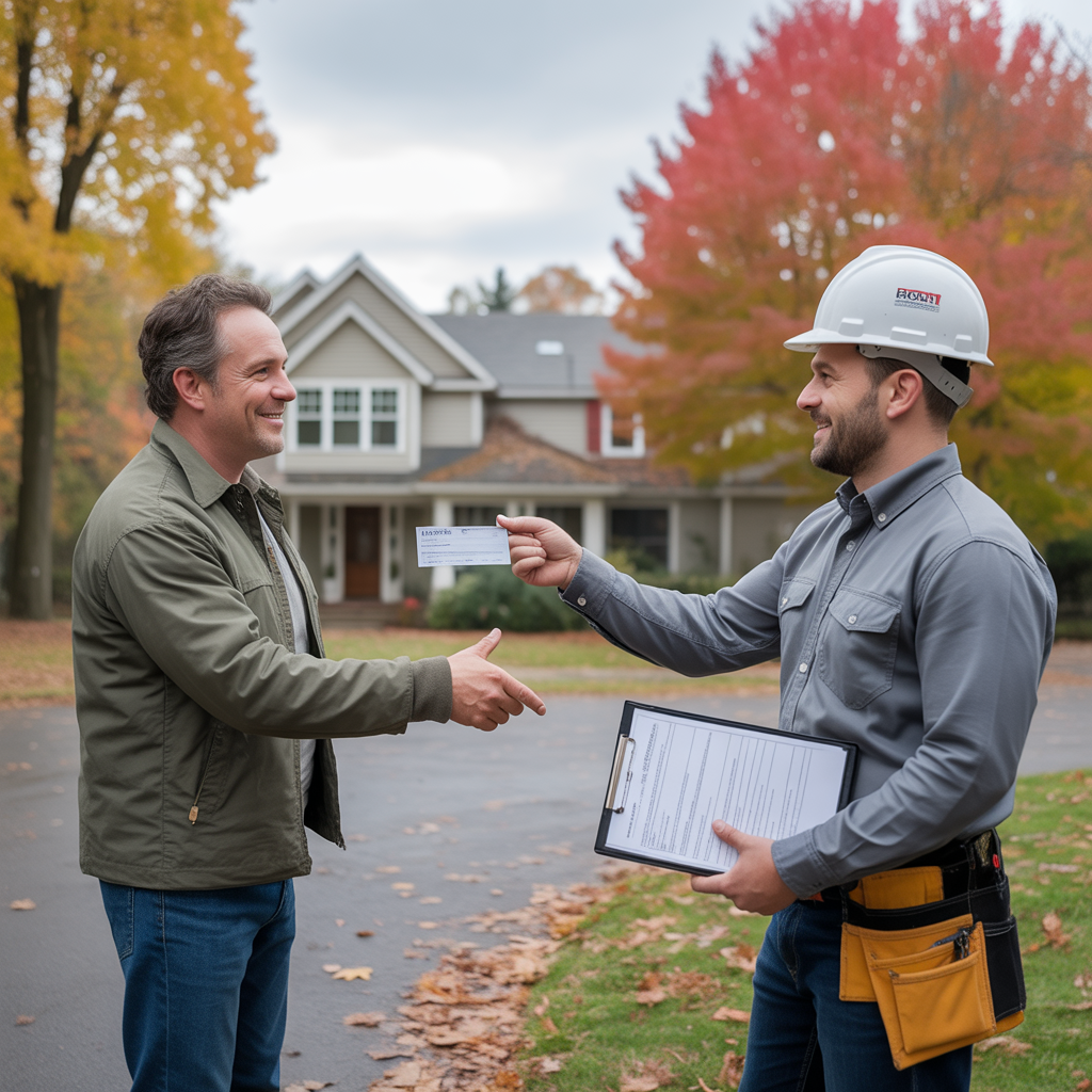 Howell Township homeowner making a roof deposit payment with paperwork visible.