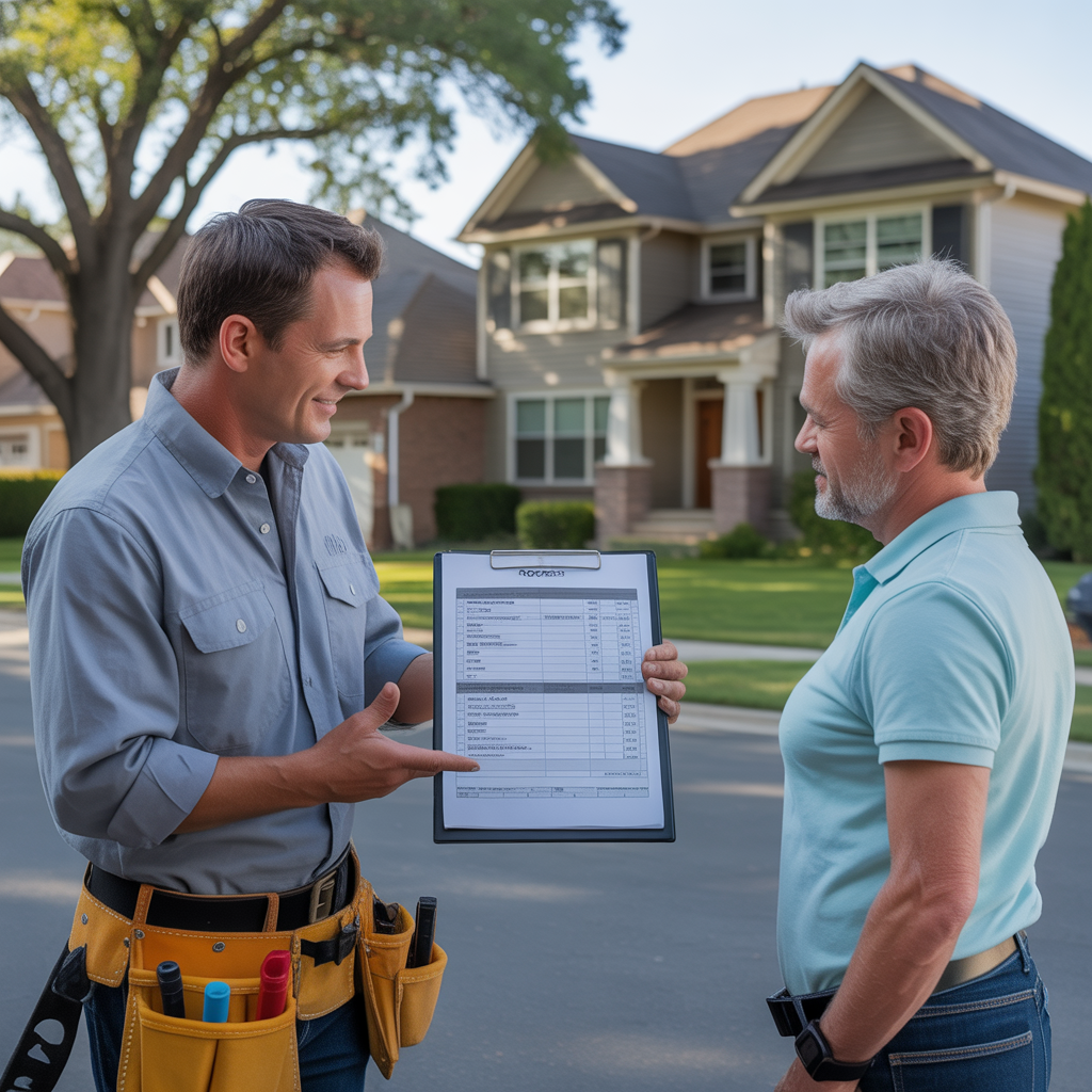 Roofer in Howell Township reviewing a detailed roofing cost breakdown with a local homeowner.