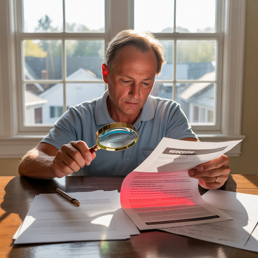 Homeowner in Howell Township reviewing a roofing contract to avoid getting scammed.