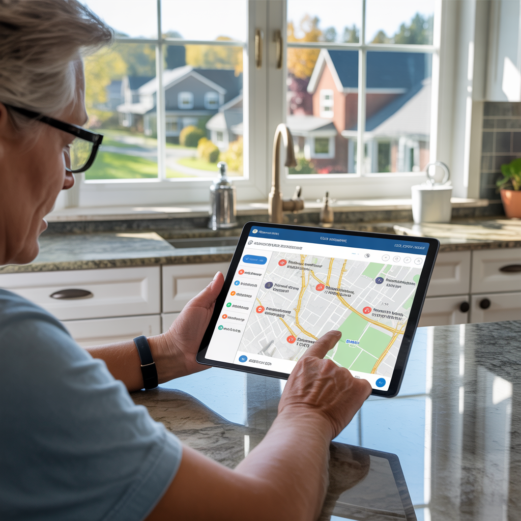 Homeowner in Howell Township researching local roofers with neighborhood map and roofing company info.