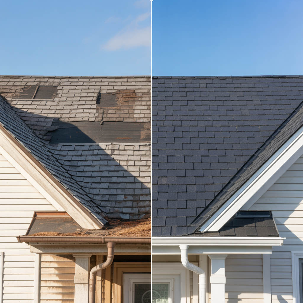 Signs of roof damage on a New Jersey home, including missing and curling shingles