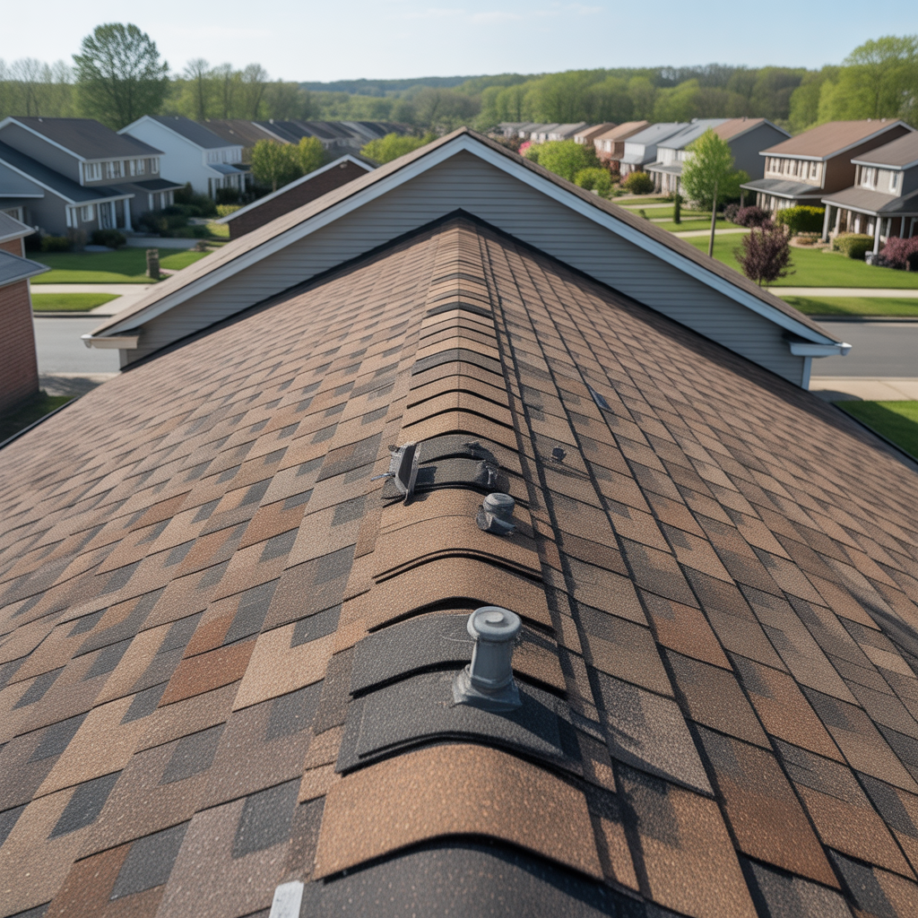 Example of a bad roofing job on a Howell Township home with crooked shingles and exposed nails.