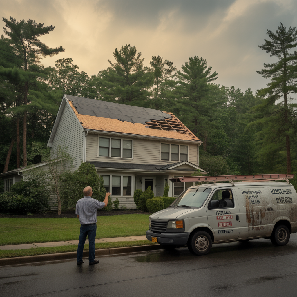 Howell Township homeowner inspecting a damaged roof while talking to a roofer van parked nearby.