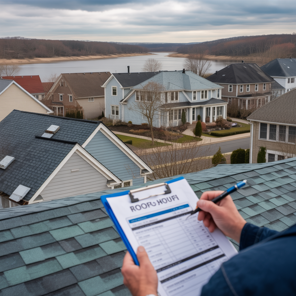Roofing contractors quoting a job in Howell Township neighborhood near Manasquan Reservoir.
