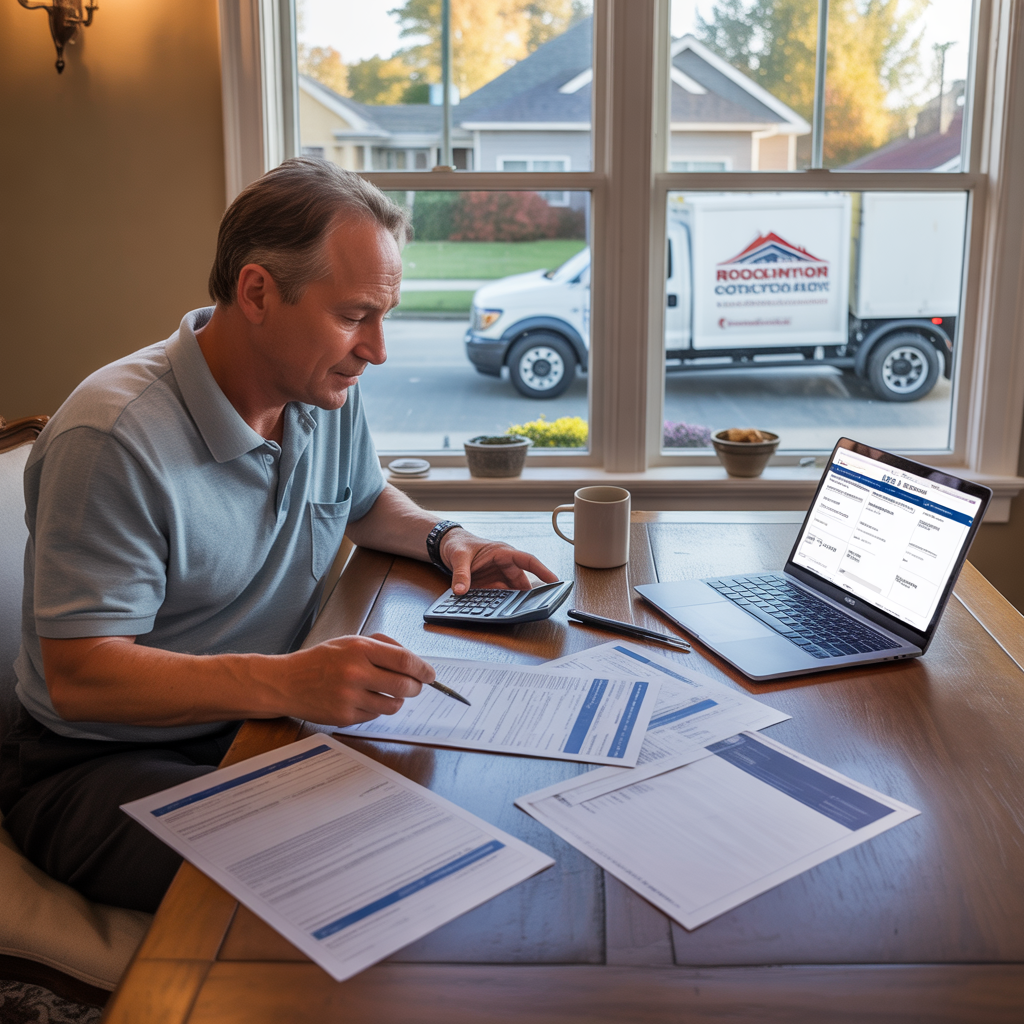 Homeowner in Howell Township reviewing multiple roofing quotes with documents and digital files.