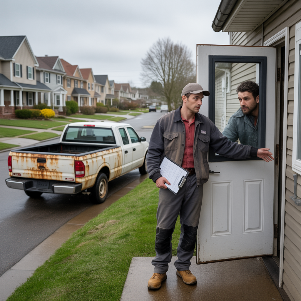 Suspicious roofer approaches a home in Howell Township, illustrating potential roofing scam.