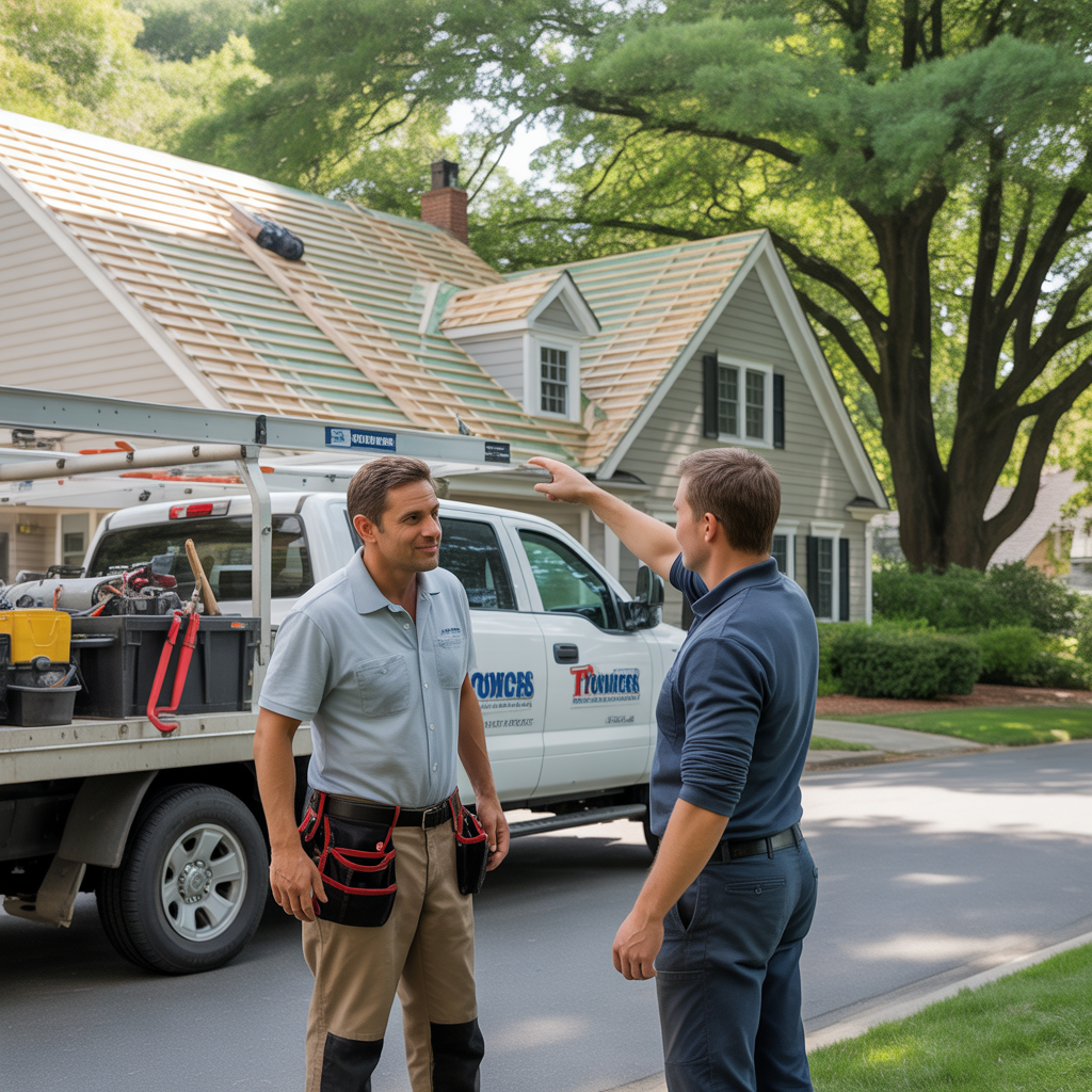 Trusted roofer talking with a homeowner in Howell Township in front of a well-kept job site.