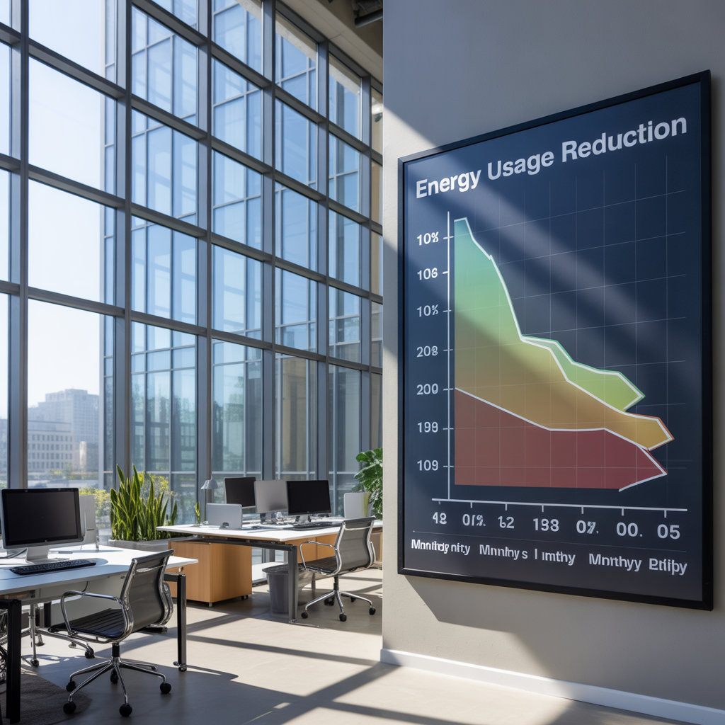 Energy-efficient commercial windows reducing energy costs in an office.