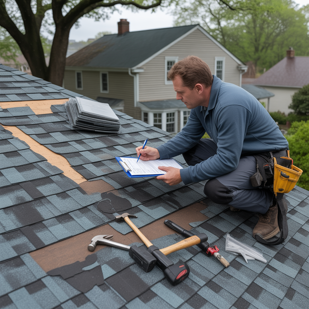 Roofer inspecting shingles on a New Jersey home for repair cost estimate.