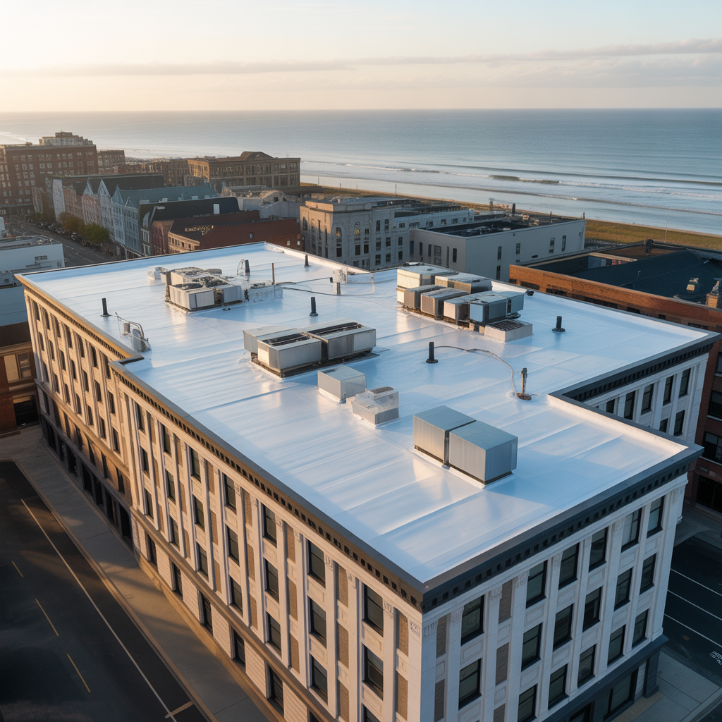 New TPO commercial flat roof installed on a business in Asbury Park NJ near the boardwalk