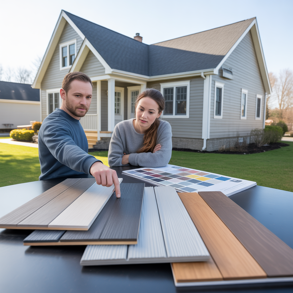 Homeowner comparing siding brand samples in Howell Township, NJ.