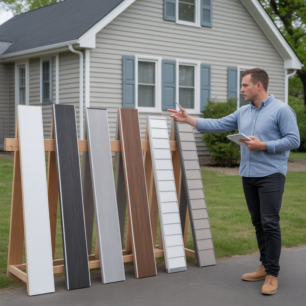 Vinyl siding brand samples being compared for a Howell Township home.