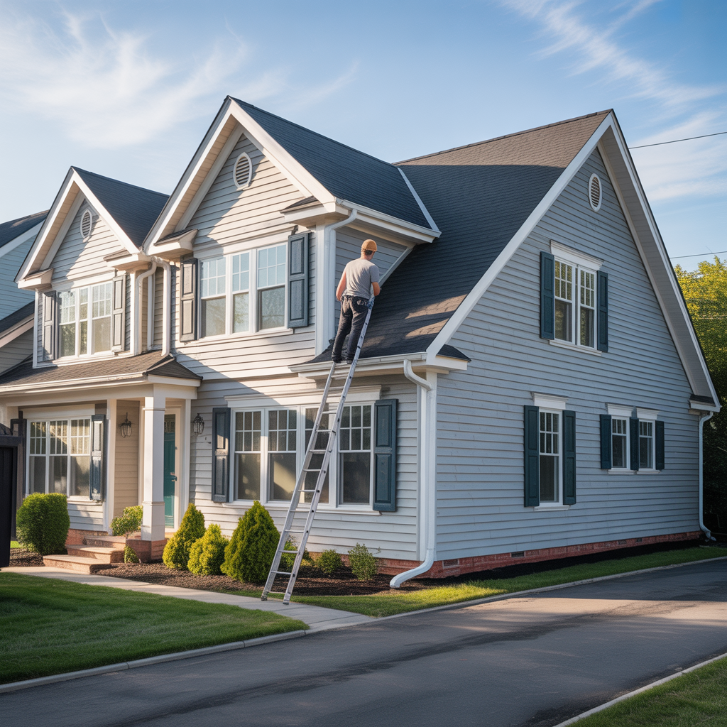 Contractor inspecting new siding on a Howell Township, NJ home
