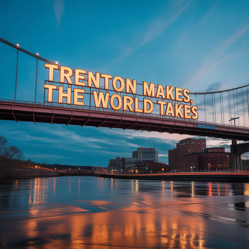 The “Trenton Makes, The World Takes” bridge sign in Trenton, New Jersey at dusk.
