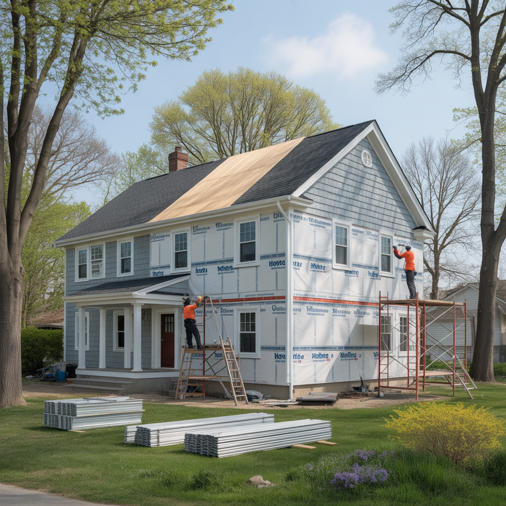 Siding installation on a Howell Township, NJ home during spring weather.
