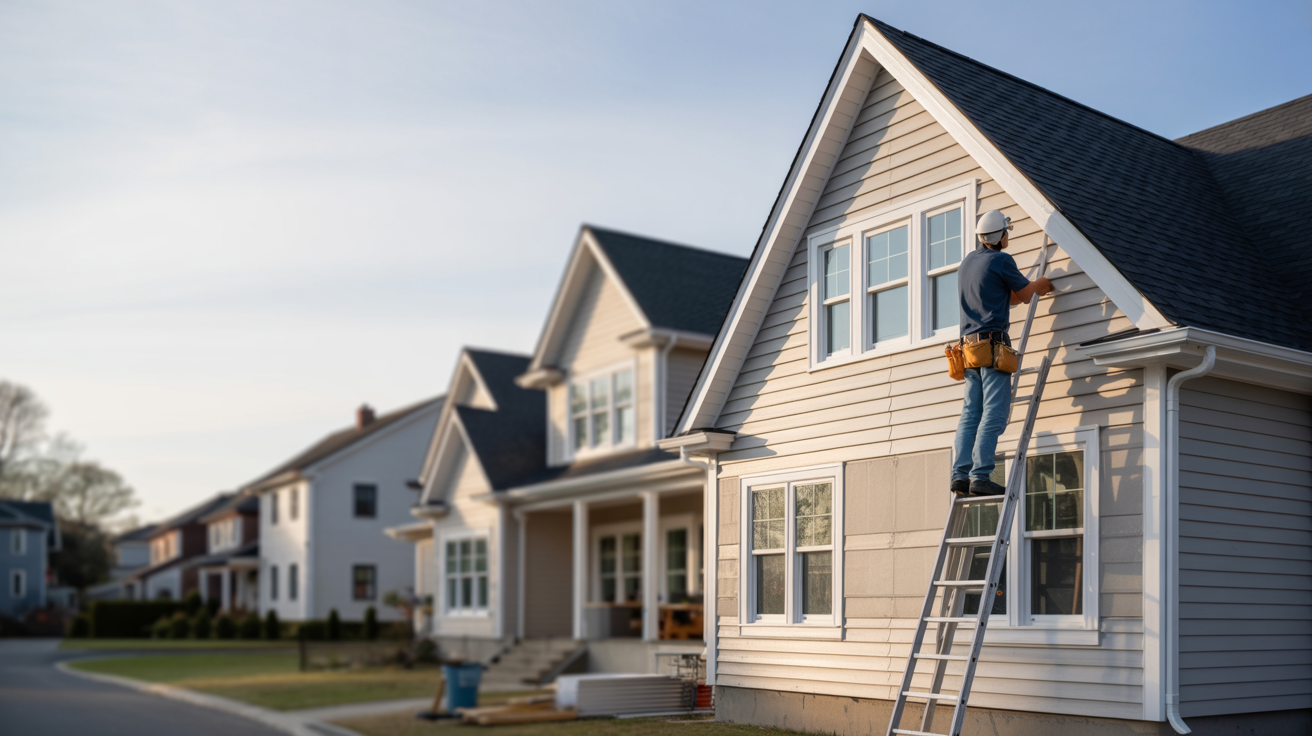 Siding installation on a New Jersey home in Howell Township with a contractor measuring exterior wall