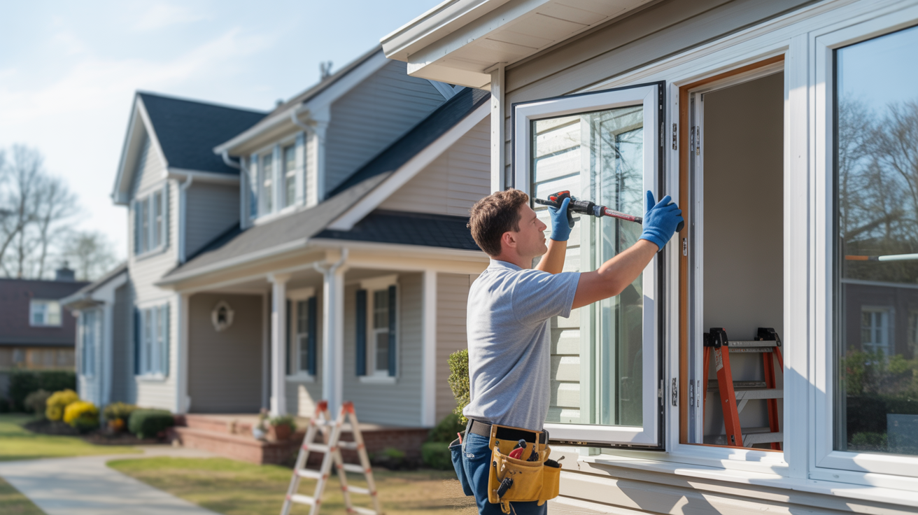 Window replacement on a Howell Township NJ home with installer fitting a new energy-efficient window