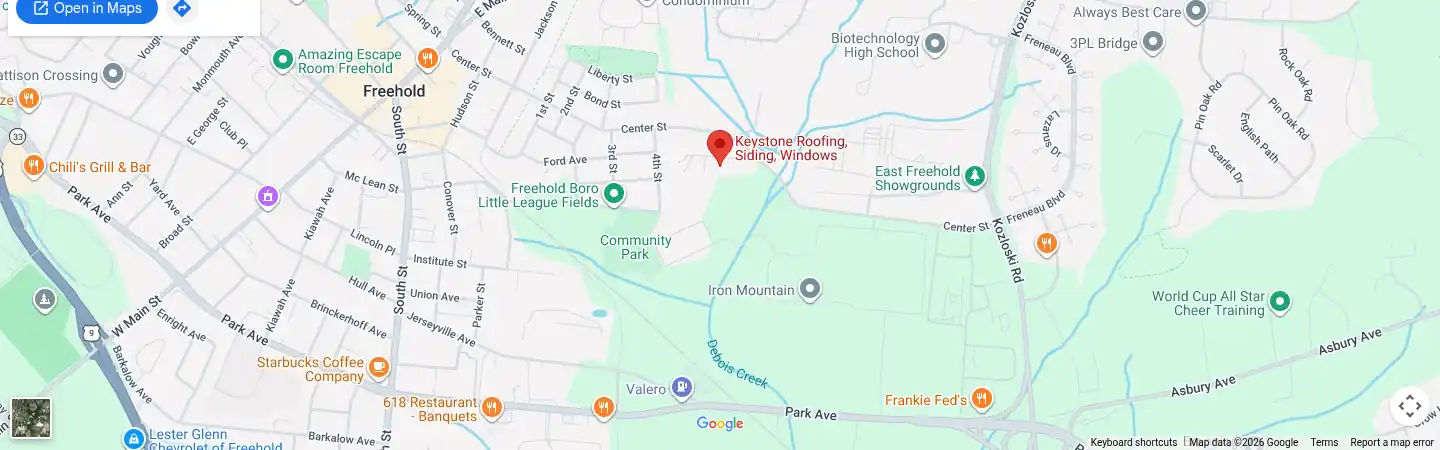 Map showing Keystone Roofing, Siding, Windows at 1719 Ginesi Dr, Freehold, NJ