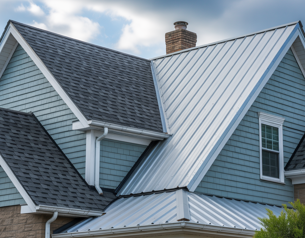 New Jersey home with a roof featuring several material types shown in changing weather conditions.