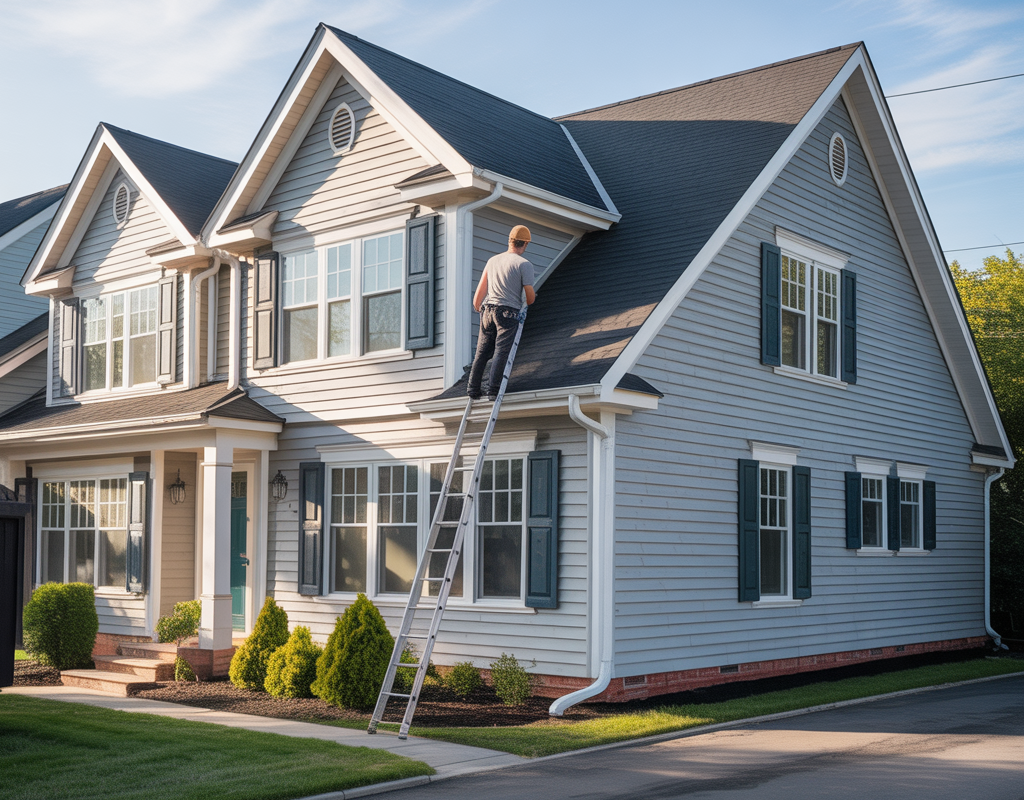 Contractor inspecting new siding on a Howell Township, NJ home
