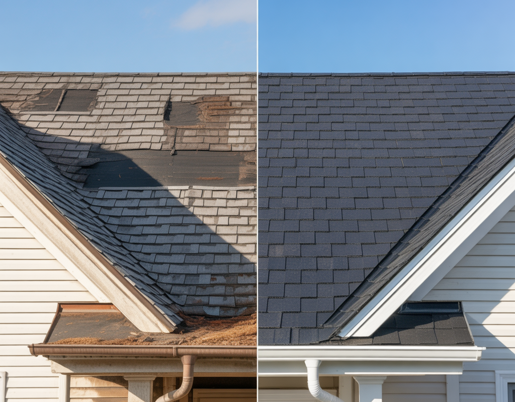 Signs of roof damage on a New Jersey home, including missing and curling shingles