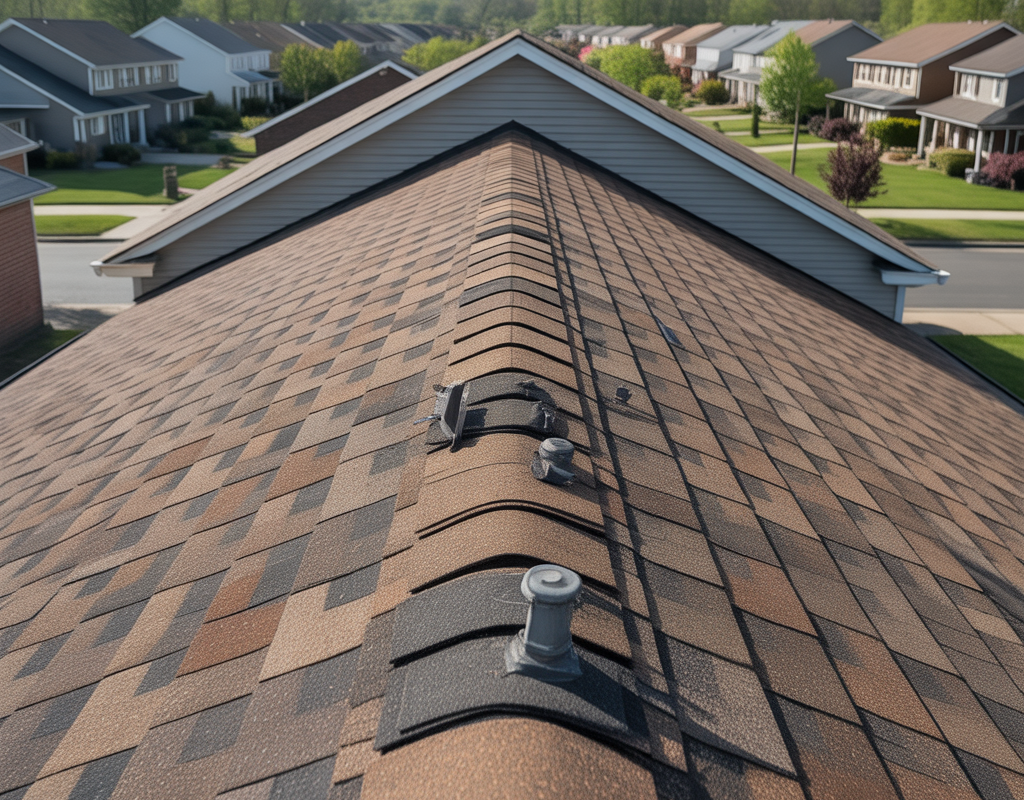 Example of a bad roofing job on a Howell Township home with crooked shingles and exposed nails.