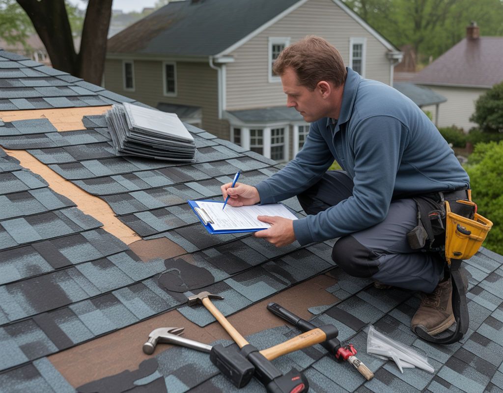 Roofer inspecting shingles on a New Jersey home for repair cost estimate.