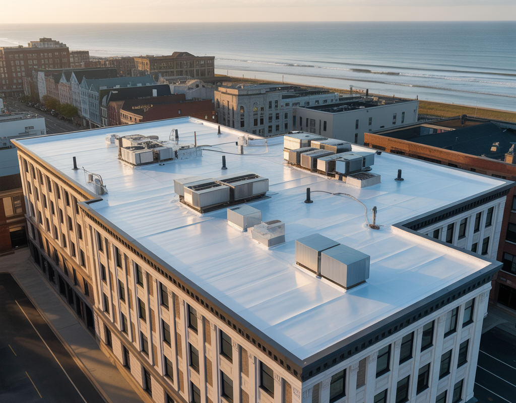 New TPO commercial flat roof installed on a business in Asbury Park NJ near the boardwalk