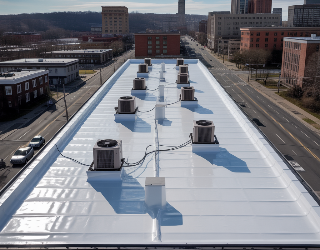 New TPO commercial flat roof installed on a business building in Trenton NJ