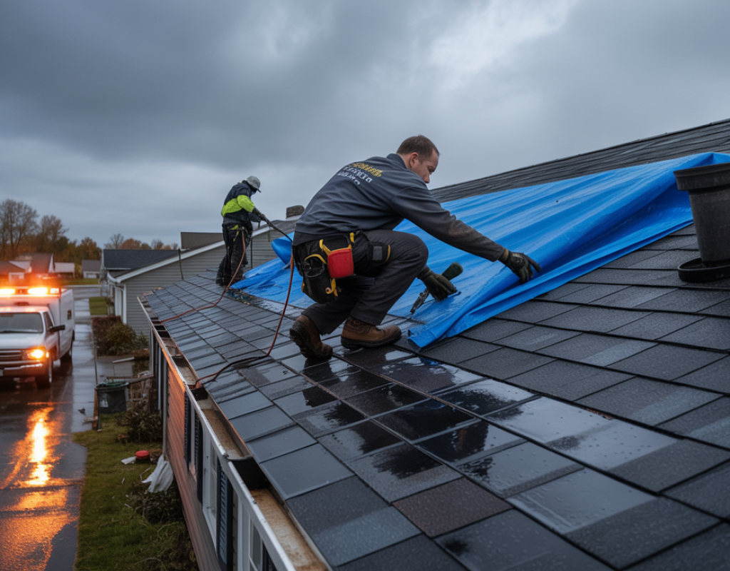 Emergency roof repair crew tarping a home in Howell Township NJ after heavy rain
