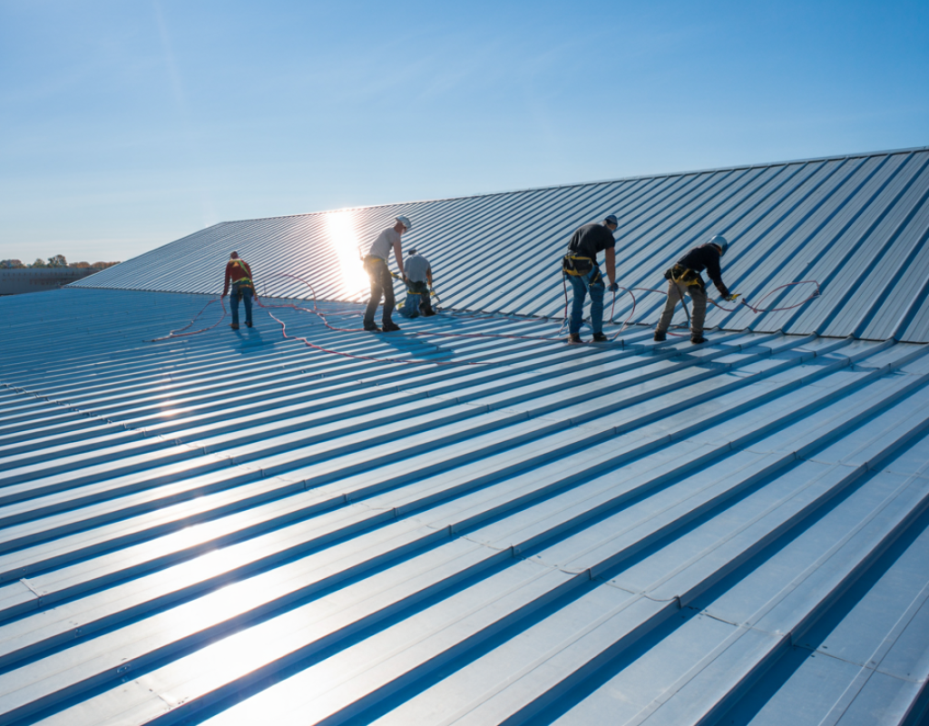 Roofer installing standing seam metal roof on Howell Township NJ commercial building