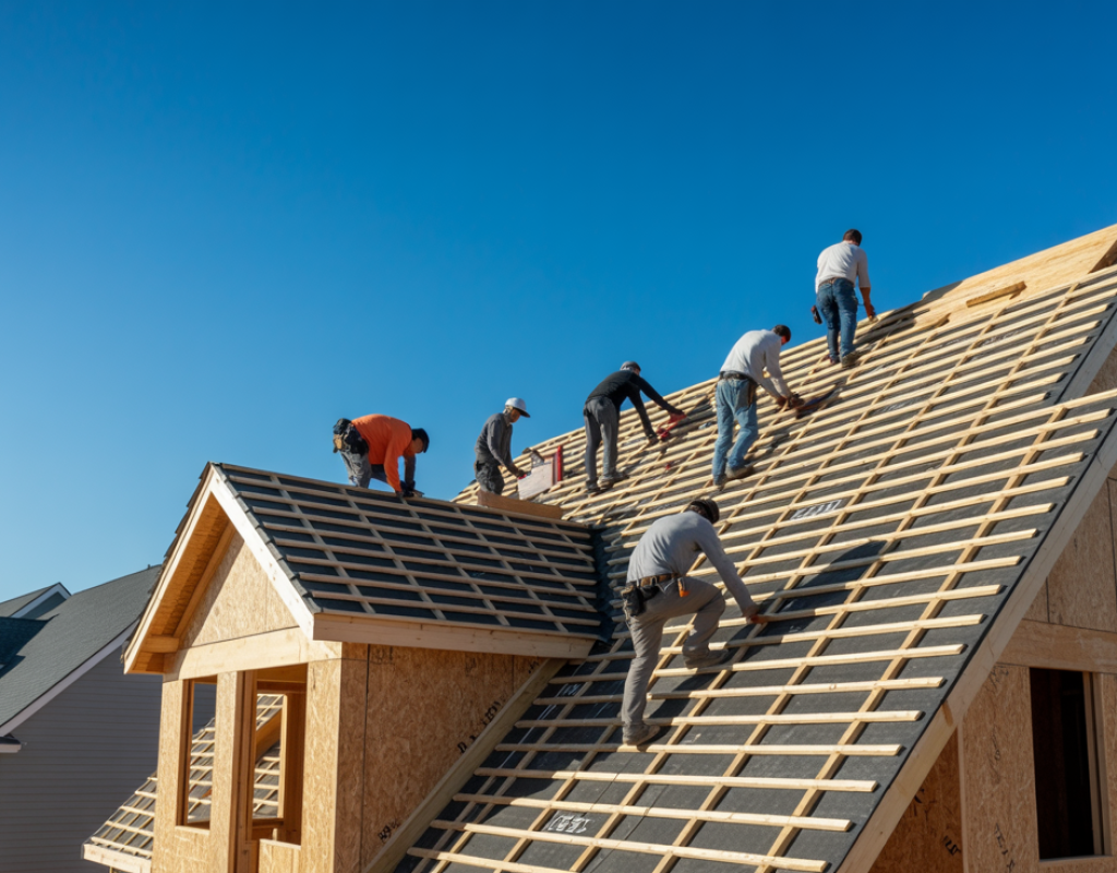 Crew installing new construction roof on Howell Township NJ home