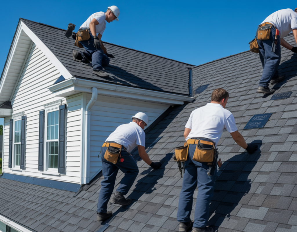 Roofing crew installing new asphalt shingles on a Howell Township NJ home — Keystone Roofing, Siding & Windows.