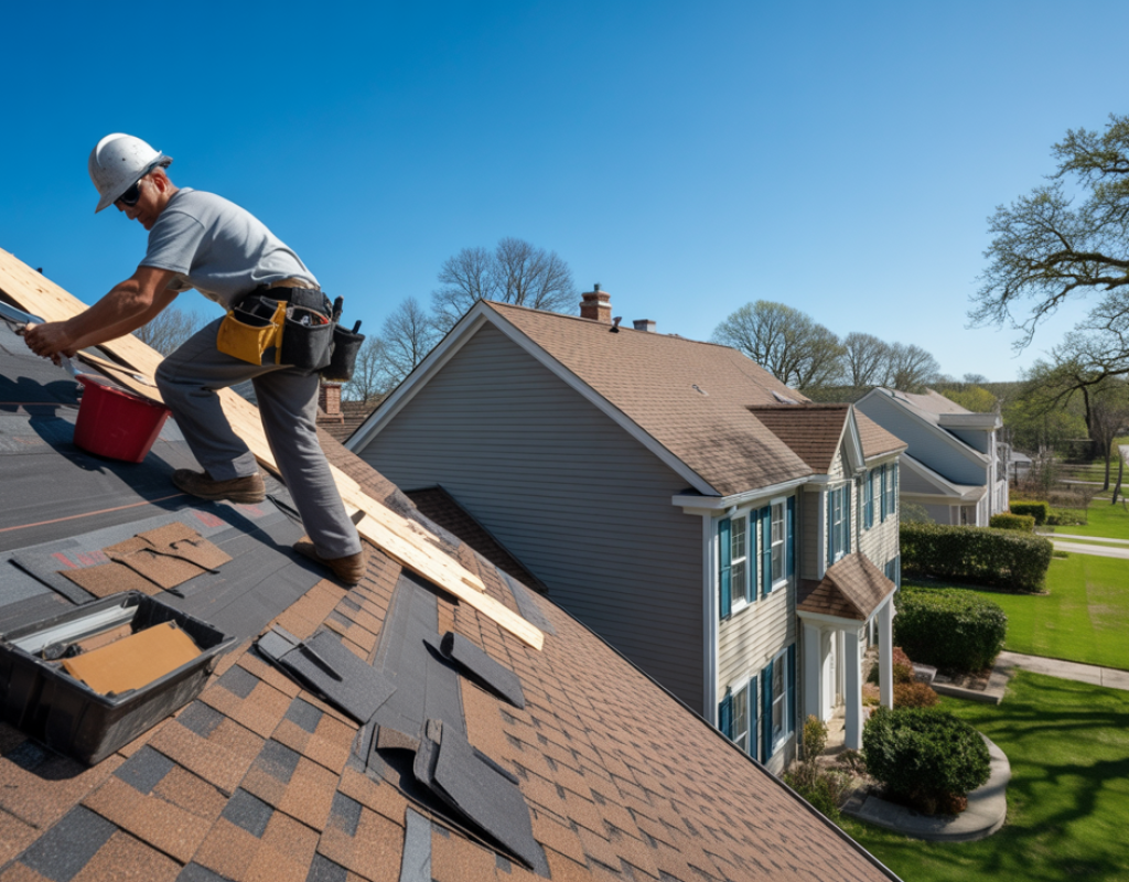 Residential roofer replacing shingles on Howell Township NJ home
