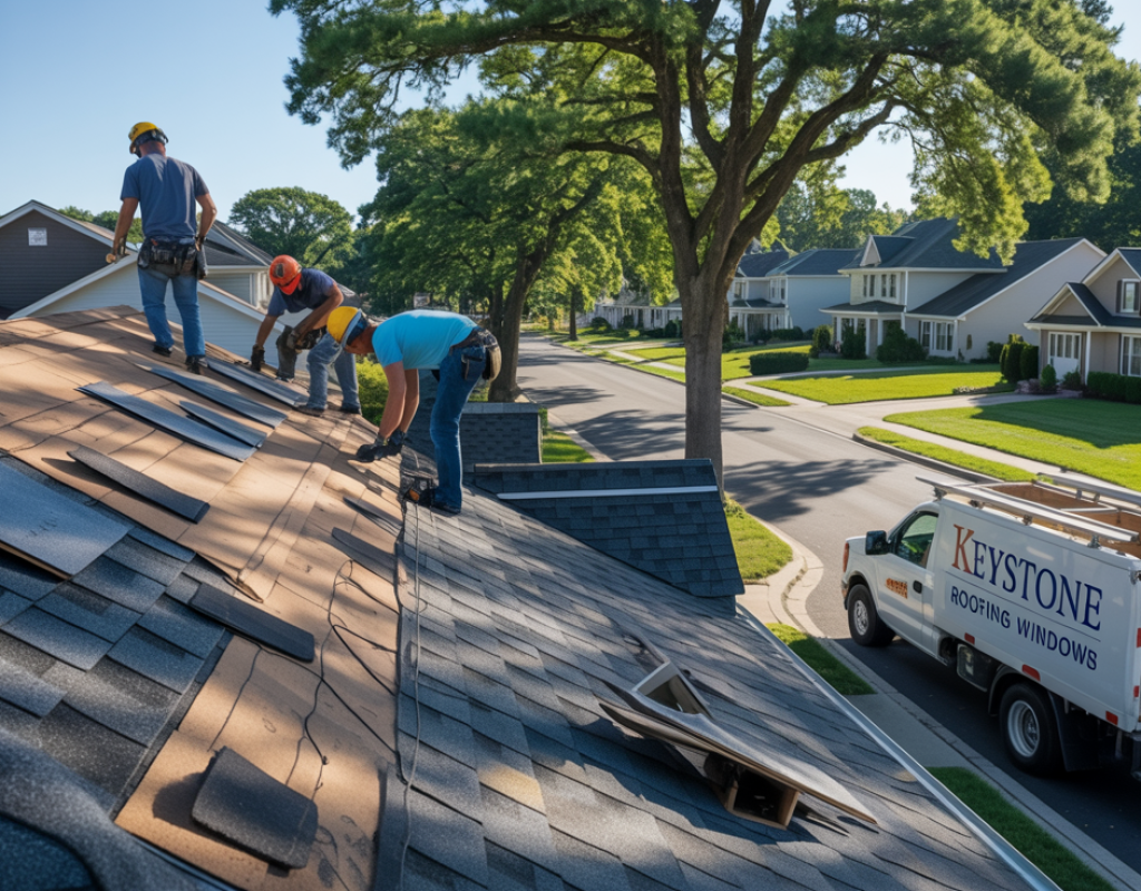 Roof replacement crew working on a Howell Township NJ home with new shingles