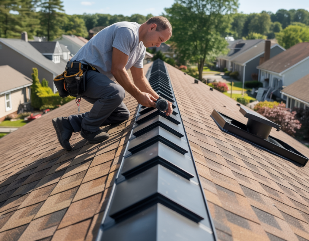 Roofer installing ridge vent on Howell Township NJ home