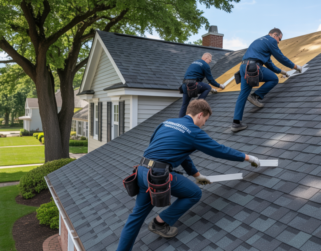 Roofing crew installing new asphalt shingles on a home in Howell Township NJ