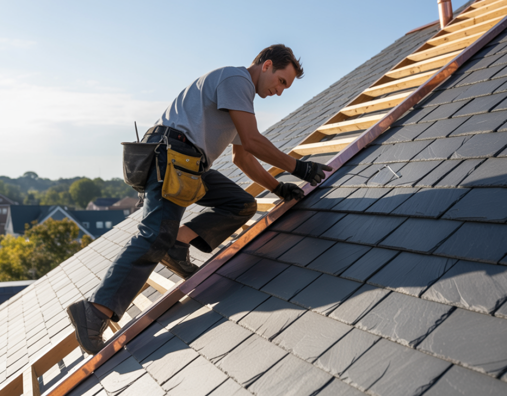 Roofer installing natural slate shingles on Howell Township NJ home