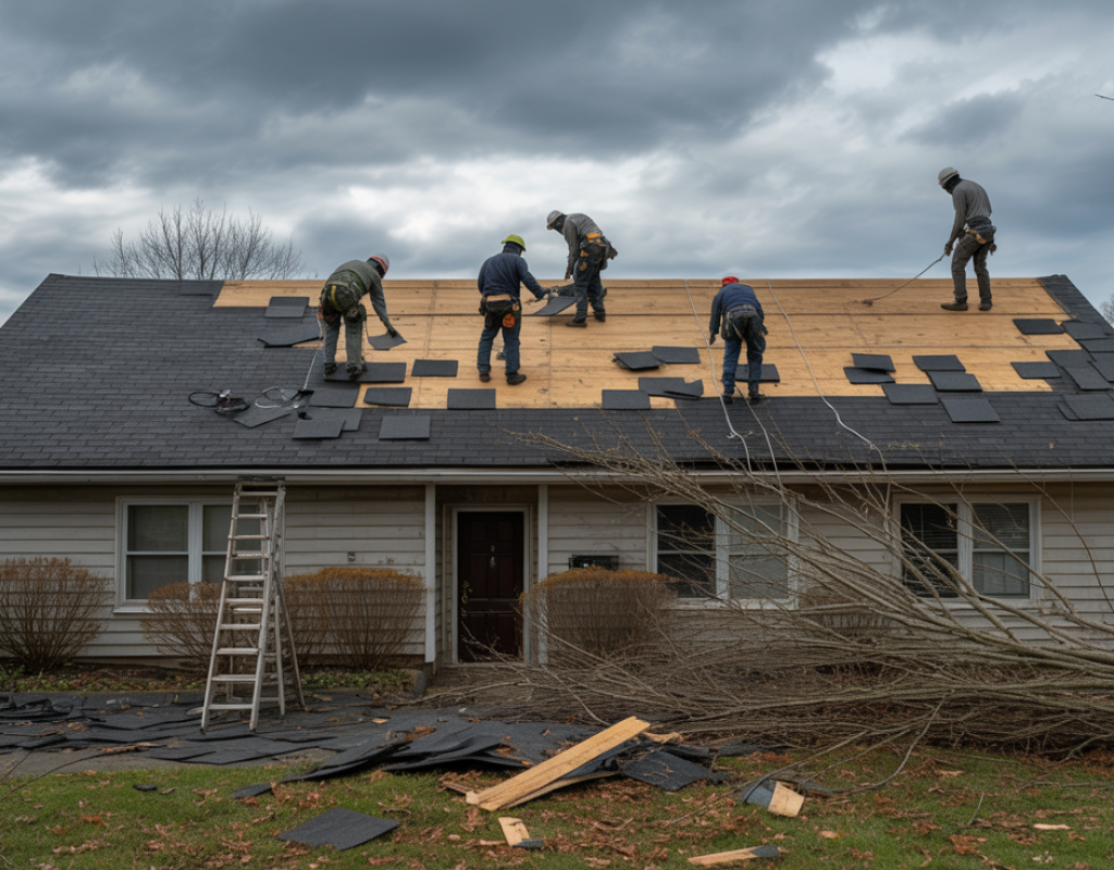 Storm damage roof repair crew working on Howell Township NJ home