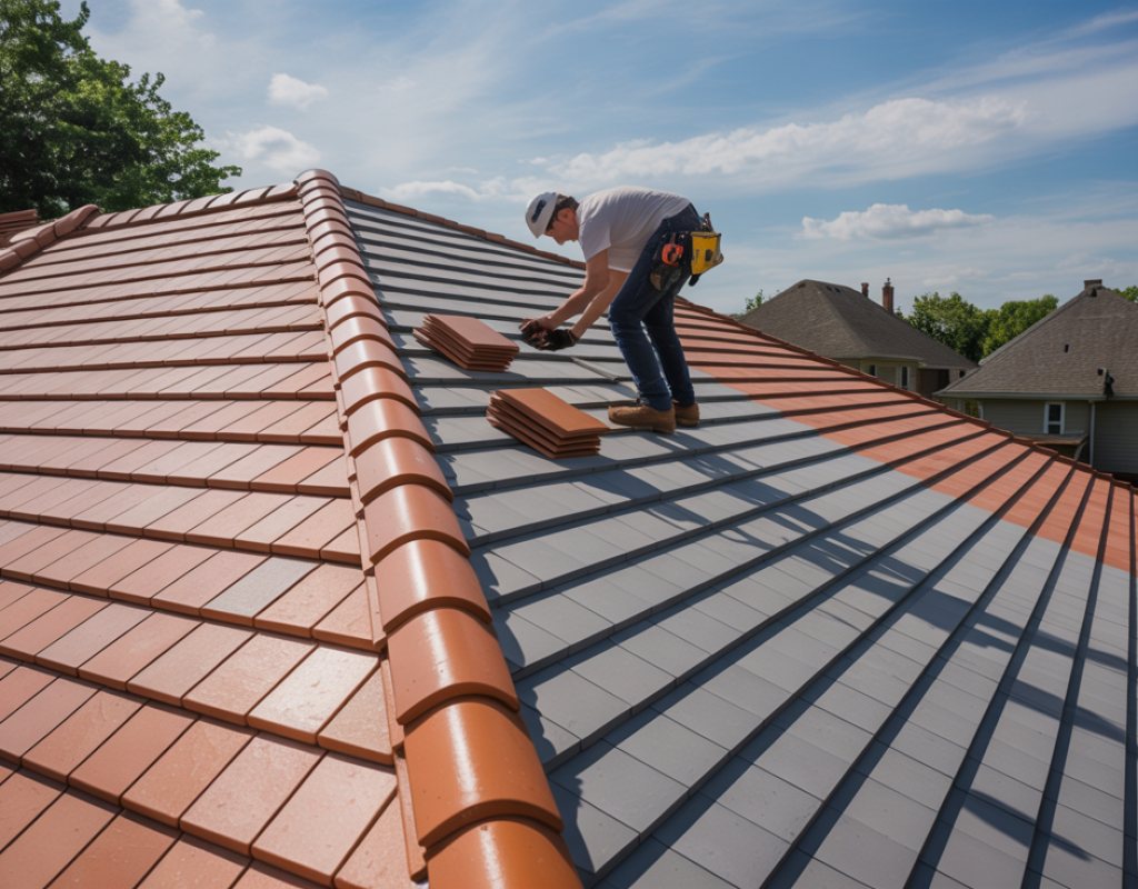 Roofer installing clay tile roof on Howell Township NJ home